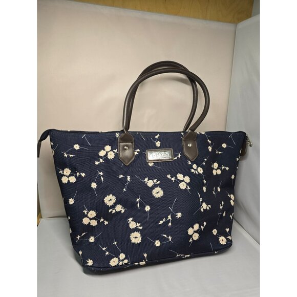 Chaps Navy Blue Floral Tote Bag With Brown Handles & Zipper Closure - Picture 16 of 16